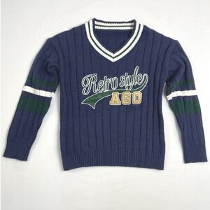 Dazy Y2K Varsity Retro Style Sweater Navy V Neck Ribbed Embroidered Graphic L